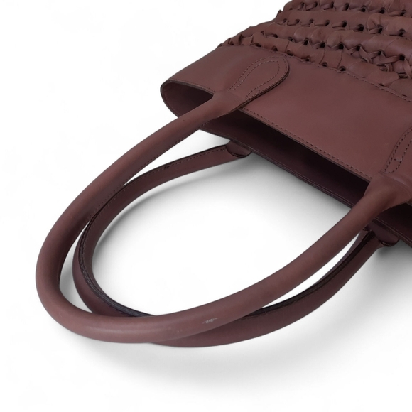 Rare FRYE Leather Woven Tote Shoulder Bag Satchel Taupe Basket Weave Boho - Picture 12 of 16